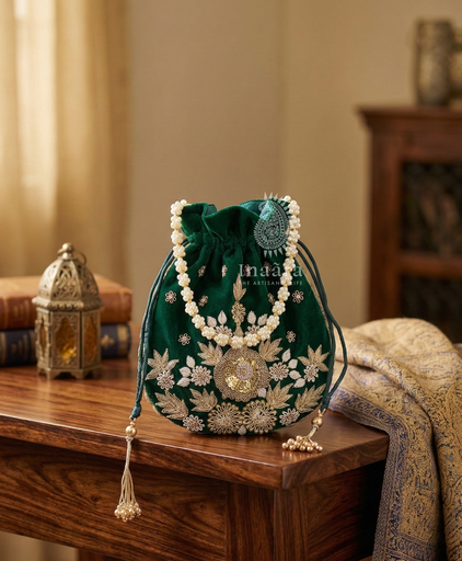 Embroidered Potli Bag-Green