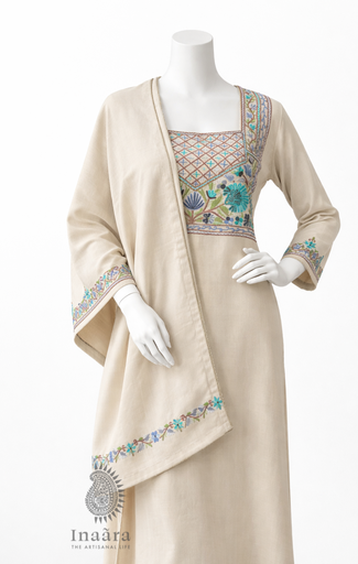 Kashmiri Embroidery Kurti Set-Beige