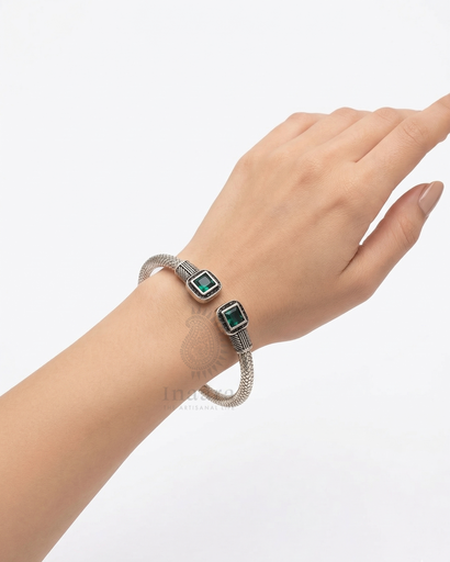 Silver Toned Bangle-Green