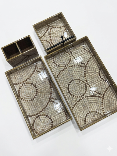 Raazi Wooden Gold Tone Printed Tray -4Pcs