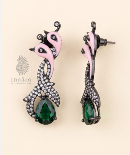 Enamel Zirconia Peacock Motif Earrings-Green