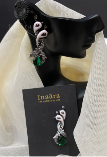 Enamel Zirconia Peacock Motif Earrings-Green