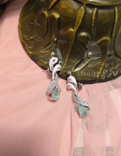 Enamel Zirconia Peacock Motif Earrings-Blue