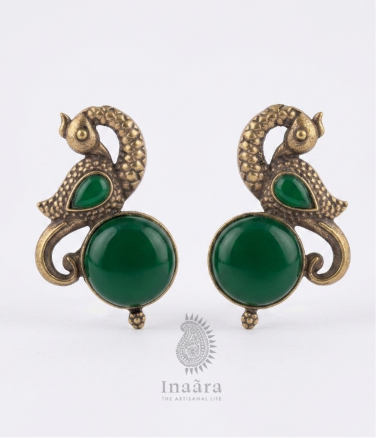 Silver Toned Peacock  Motif Earrings- Green