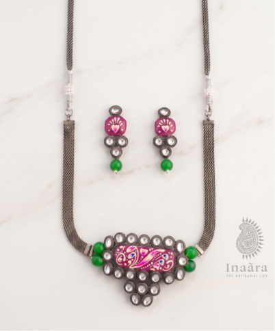 Hand-Painted Meenakari Silver Mesh Choker Set