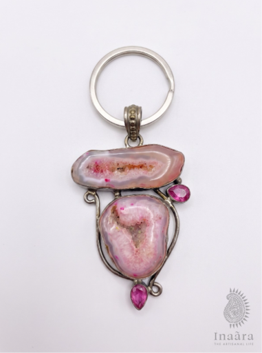 Rose Agate & Druzy Silver-Tone Keychain
