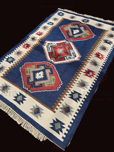 [inaara_sp00031] Azeri Blue Handwoven Dhurrie