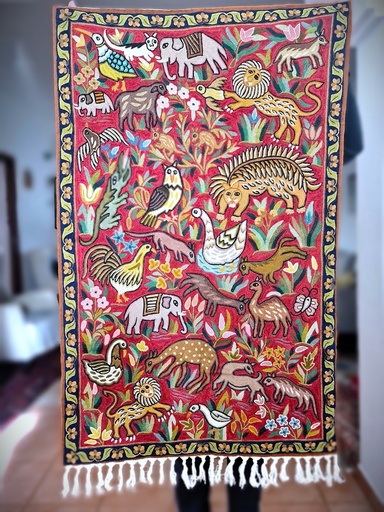 [inaara_sp00181] Crewel Embroidered Tapestry - Animal Garden (3.8x2.5 feet)