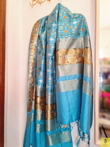 [inaara_sp00036] Banarasi Dupatta - Blue with Patola inspired motifs