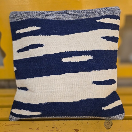 [inaara_sp00281] Hand woven cushion cover (Single piece)- Indigo & Ivory