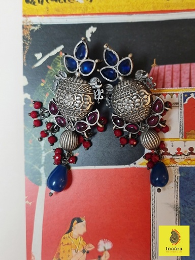 [inaara_sp00118] Blue & Red Stonework Chandni Earrings