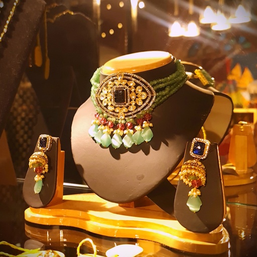 [inaara_sp00030] Aventurine Choker with Jhumkas