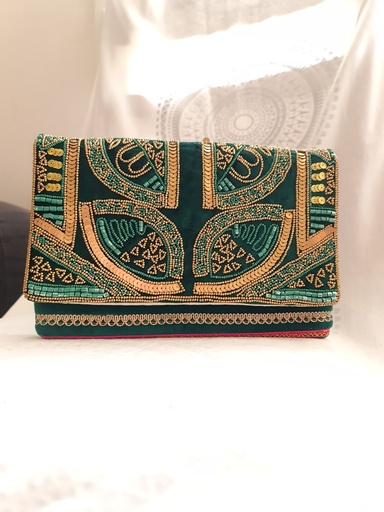 [inaara_sp00226] Forest Green Velvet Clutch Bag