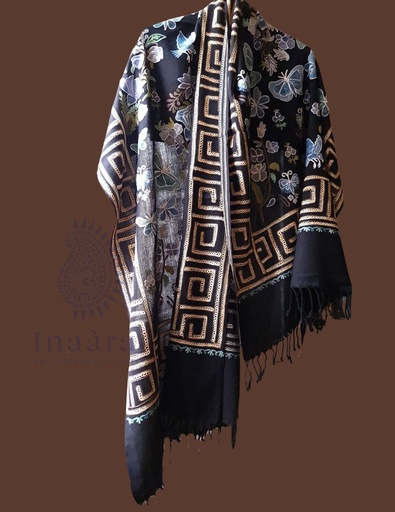 [inaara_sp00025] Armaan Embroidered Kashmir Shawl (Black)