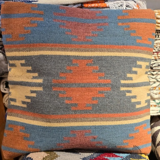 [inaara_sp00284] Hand woven cushion cover- Steel Blue & Orange Tones