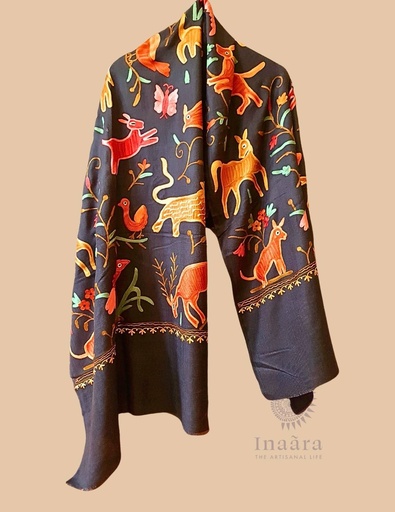 [inaara_sp00696] Vann Embroidered Shawl (Brown-Black)