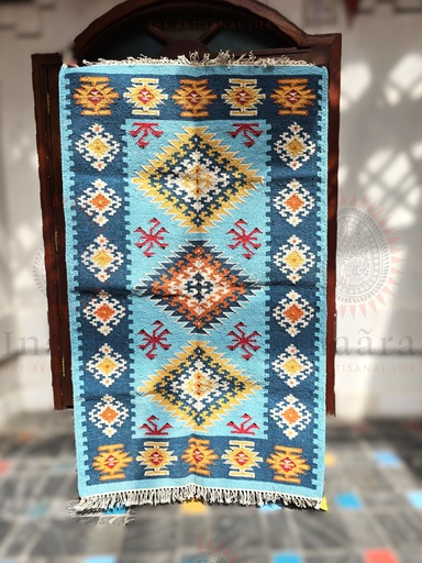 [inaara_sp00724] Zellij Handwoven Dhurrie - Aqua