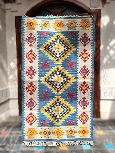 [inaara_sp00725] Zellij Handwoven Dhurrie - Blue