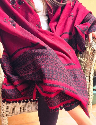 [inaara_sp00099] Bhujodi Shawl Chomki Border (Maroon)