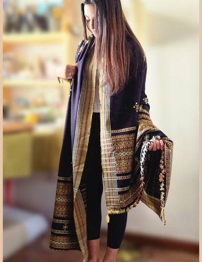 [inaara_sp00104] Bhujodi Shawl Double Chomki Border (Black)