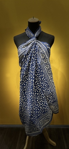 Block Printed Cotton Sarong-White Leaves