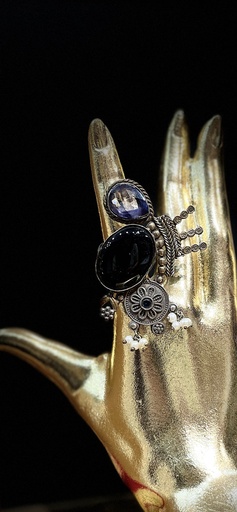 Black Onyx &Amethyst Oxidized Adjustable Ring