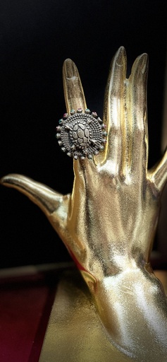 Turtle w/Rounded Stones Silver Adjustable Ring