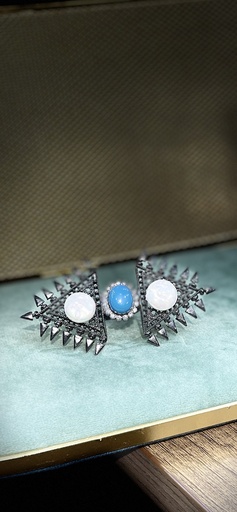 Silver Oxidized Glass Turquoise Ring