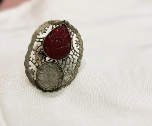 Red/White Glass Stone Oxidized Ring