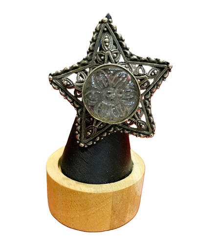 White Glass Stone Star Oxidized Ring
