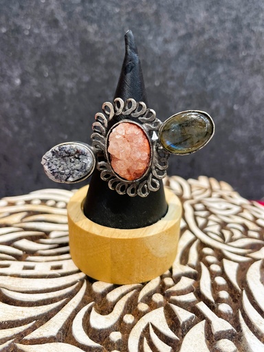 Raw rose quartz umbrella oxidized ring (copy)