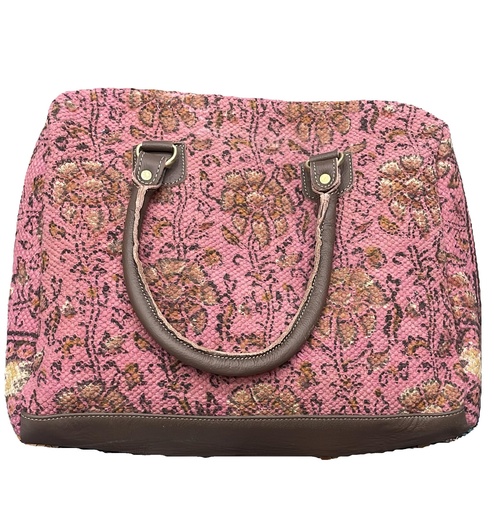 Sanganeri Print Dhurrie Bag-Leather Base
