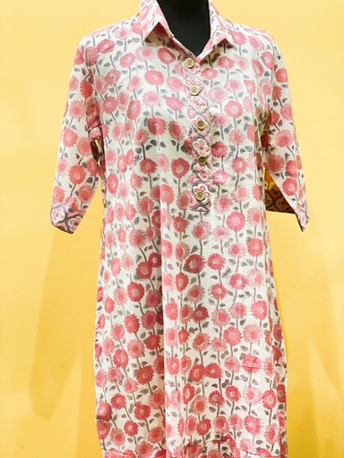 Hand block Print Tunic Dress-Pink(M, L)