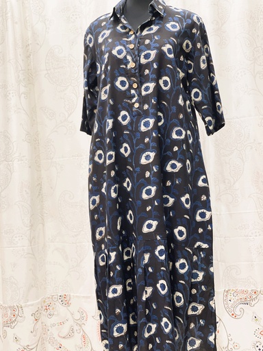 Hand block Print Tunic Dress-Blue M