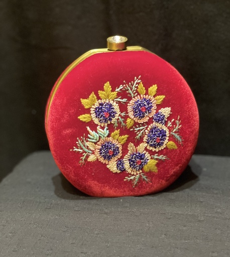 Round Velvet Embroidered Clutch-Red