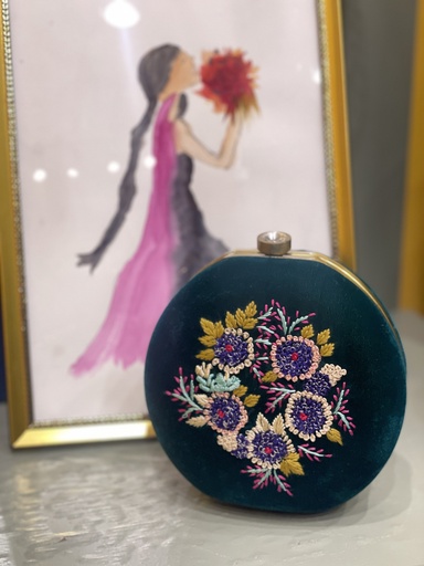 Round Velvet Embroidered Clutch