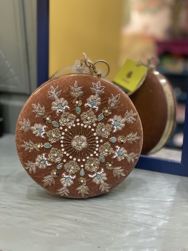 Round Velvet Embroidered Clutch
