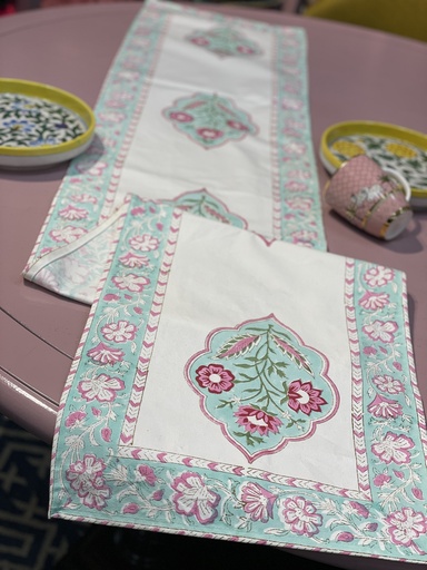 Handblocked Table Runner- Mint Green