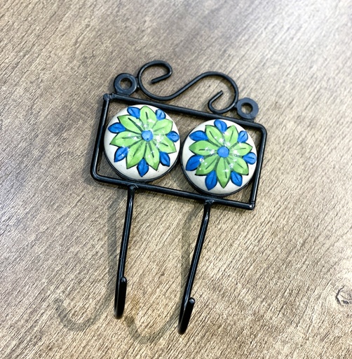 Hand Painted Ceramic Double Wall Hook-Blu/Grn