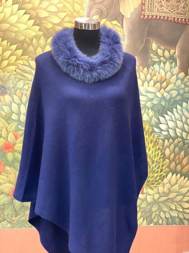 Cashmere Poncho w/Fur Trim Collar-Navy Blue