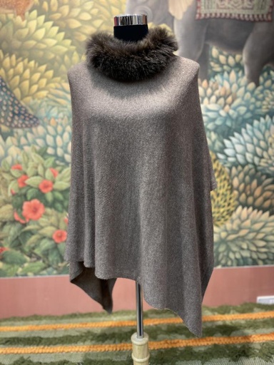 Cashmere Poncho w/Fur Trim Collar- Brown