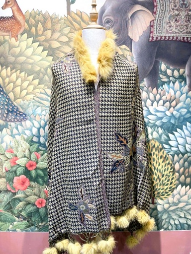 Kashmiri Natural Fur Poncho-Floral Pattern/YLW