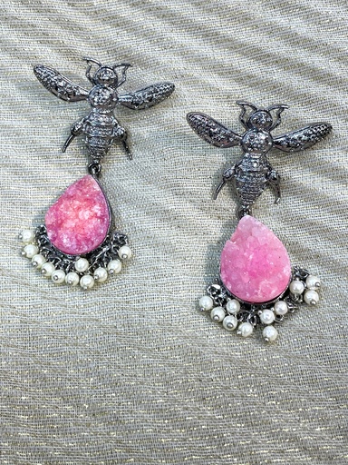 Raw Rose Quartz w/Bee Silver Oxidized Earrings