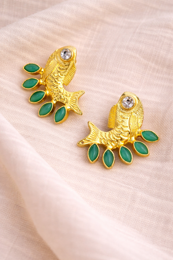 Gold Tone Jade Fish-Like Earrings