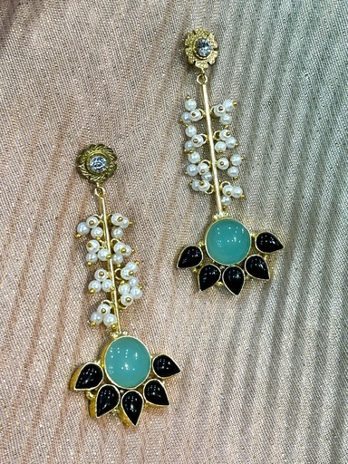 Jade, Black Onyx &Pearl Dangling Earrings