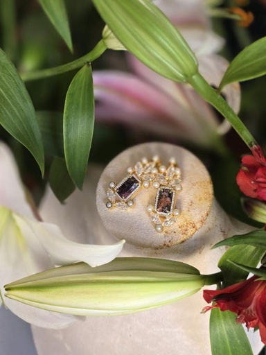 Zirconia Garnet w/Pearls Earrings