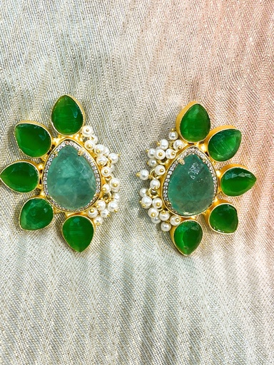 Green Onyx w/Pearls Embellished Earrings