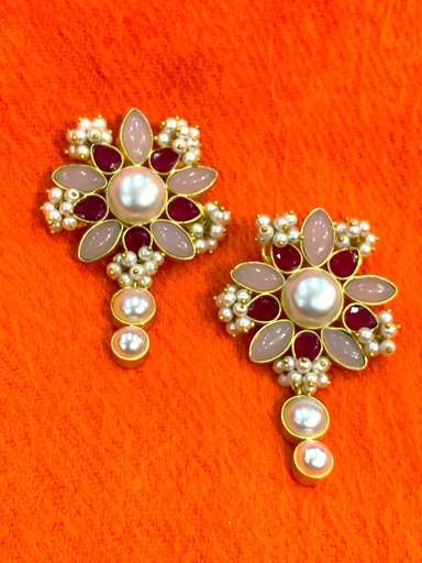 Floral Pearls,Rose Quartz w/Rubies Earrings