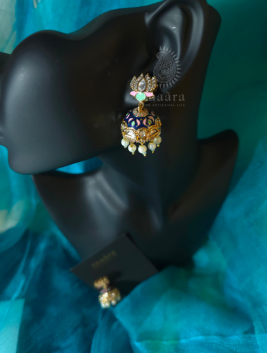 Gold Plated Jhumka w/Blue Enamel Earring
