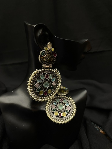 Oxidized Silver-Toned Meenakari&Pearl Earrings